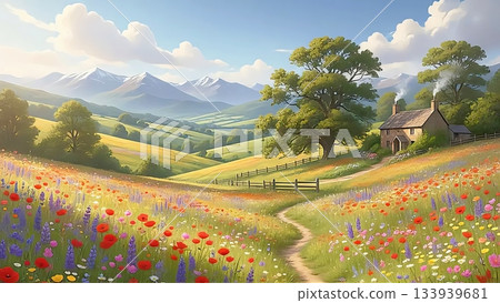 AI Generated Flower Field and Peaceful Countryside Village 133939681
