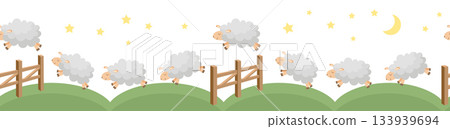 Seamless border with cute cartoon sheep jumping over fence. Counting sheep to fall asleep. 133939694