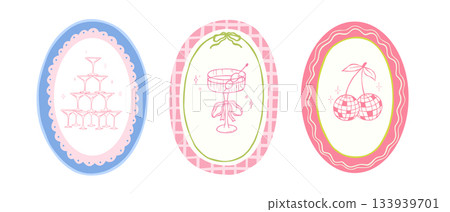 Oval frame with coquette pyramid of champagne glasses, cherry disco balls and cocktail. Whimsical hand drawn design for bride party invitation. Vintage aesthetic 133939701