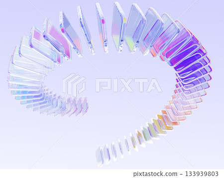Hologram glass effect speed line iridescent swirl 3d render. Abstract crystal wave of holographic rainbow square plate shapes. Gradient clear shiny circle ring fast flying element. 3D illustration Hologram glass effect speed line iridescent swirl 3d render. Abstract crystal wave of holographic rainbow square plate shapes. Gradient clear shiny circle ring fast flying element. 3D illustration 133939803