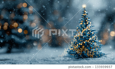 Festive Winter Scene. Snowy landscape with a glowing Christmas tree adorned in lights 133939937