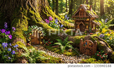 Magical and fantastic world of a city in the forest with tree houses 133940188