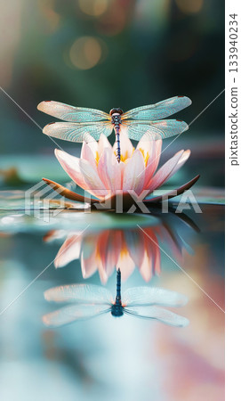 In an impressionistic style, a dragonfly lands on a water lily in a serene pond. The blurred reflection and gentle wings evoke a sense of ethereal, peaceful beauty 133940234