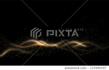 A wavy pattern of small mosaic gold on a black background. An isolated design component 133940397