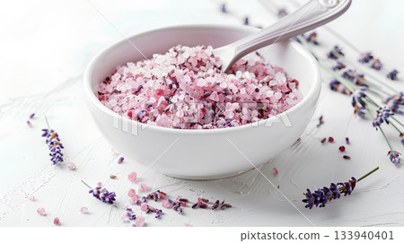 elegant white bowl is filled with pink and purple sea salt, scattered with dried lavender flowers, against an all-white background. a small spoon is placed inside the brine 133940401