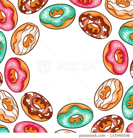 Colorful frosted donut forming a decorative border on a white background in cartoon style. Colorful frosted donut forming a decorative border on a white background in cartoon style. 133940506