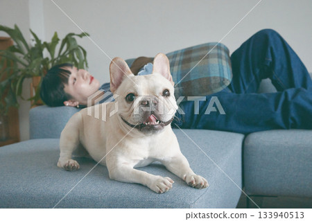 女人和狗在沙發上放鬆 133940513