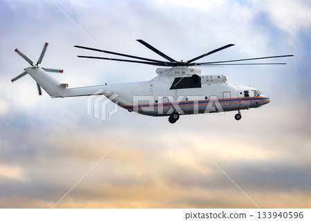 Main rotor system russian aviation helicopter combination of several rotary wings rotor blades colorful clouds 133940596