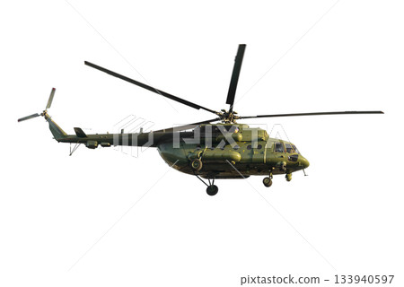 Main rotor system russian aviation helicopter rotor blades military colors isolated white background Main rotor system russian aviation helicopter rotor blades military colors isolated white background 133940597