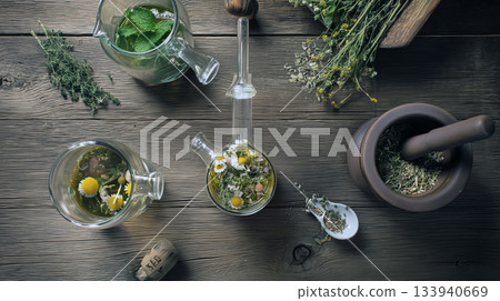 Herbal extraction laboratory equipment - Botanical cosmetics manufacturing image Wood grain background Herbal extraction laboratory equipment - Botanical cosmetics manufacturing image Wood grain background 133940669