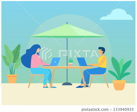 Flat vector illustration of people working remotely on laptops under an umbrella outdoors. 133940935