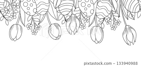 Coloring book. Easter frame. Seamless vector frame with Easter eggs and flowers. Coloring book. Easter frame. Seamless vector frame with Easter eggs and flowers. 133940988