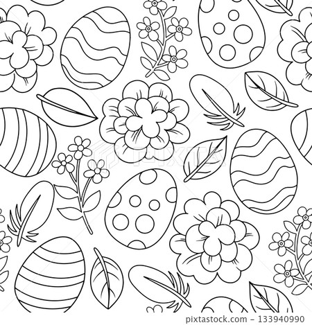 Coloring book. Easter print. Cute vector pattern with Easter eggs and flowers. Coloring book. Easter print. Cute vector pattern with Easter eggs and flowers. 133940990