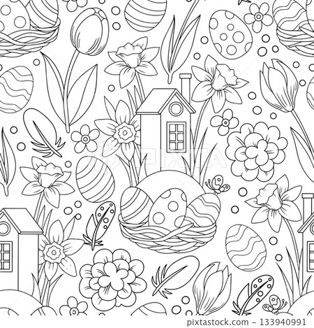 Coloring book. Easter seamless pattern. Vector illustration of a cute house, eggs, and flowers. Cartoon style. 133940991