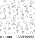 Coloring book. Vector seamless pattern with spring flowers and bows. Cute Easter cartoon print. 133940992