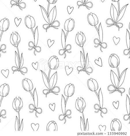 Coloring book. Vector seamless pattern with spring flowers and bows. Cute Easter cartoon print. Coloring book. Vector seamless pattern with spring flowers and bows. Cute Easter cartoon print. 133940992