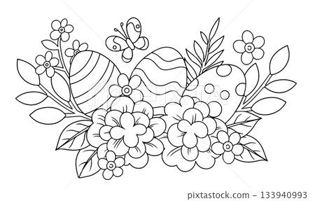 Coloring book. Easter decoration. Cute vector illustration, composition with flowers and Easter eggs in cartoon style. Coloring book. Easter decoration. Cute vector illustration, composition with flowers and Easter eggs in cartoon style. 133940993