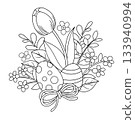 Coloring book. Easter decoration. Cute vector illustration, a composition with spring flowers and Easter eggs in a cartoon style. 133940994