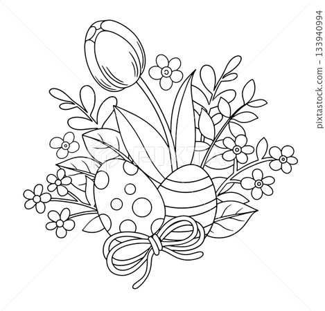 Coloring book. Easter decoration. Cute vector illustration, a composition with spring flowers and Easter eggs in a cartoon style. Coloring book. Easter decoration. Cute vector illustration, a composition with spring flowers and Easter eggs in a cartoon style. 133940994
