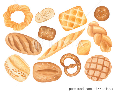 Hand-drawn bakery set with croissants, pretzels, bagels and buns. Watercolor isolated illustration. Hand-drawn bakery set with croissants, pretzels, bagels and buns. Watercolor isolated illustration. 133941095