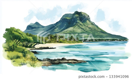 Le Morne Brabant. Le Morne Brabant hand drawn watercolor illustration on white background Le Morne Brabant. Le Morne Brabant hand drawn watercolor illustration on white background 133941096