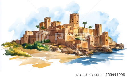 Leptis Magna. Leptis Magna hand drawn watercolor illustration on white background 133941098