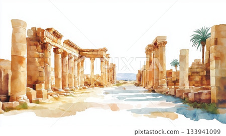 Leptis Magna. Leptis Magna hand drawn watercolor illustration on white background Leptis Magna. Leptis Magna hand drawn watercolor illustration on white background 133941099