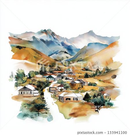 Lesotho Highlands. Lesotho Highlands hand drawn watercolor illustration on white background Lesotho Highlands. Lesotho Highlands hand drawn watercolor illustration on white background 133941100