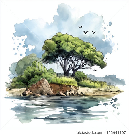 Lower Zambezi National Park. Lower Zambezi National Park hand drawn watercolor illustration on white background 133941107
