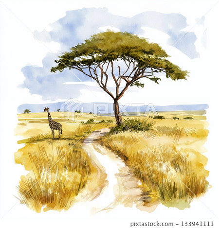 Maasai Mara National Reserve. Maasai Mara National Reserve hand drawn watercolor illustration on white background Maasai Mara National Reserve. Maasai Mara National Reserve hand drawn watercolor illustration on white background 133941111