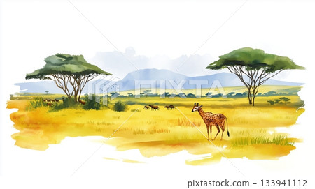 Maasai Mara National Reserve. Maasai Mara National Reserve hand drawn watercolor illustration on white background Maasai Mara National Reserve. Maasai Mara National Reserve hand drawn watercolor illustration on white background 133941112