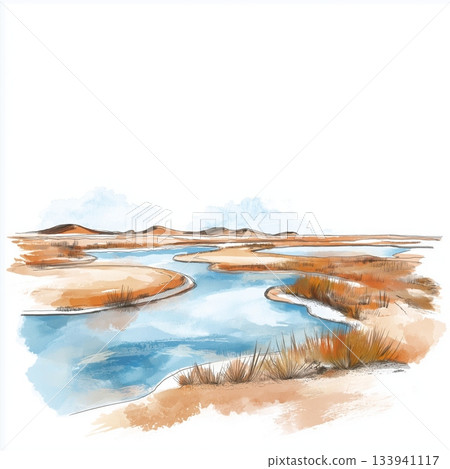 Makgadikgadi Salt Pans. Makgadikgadi Salt Pans hand drawn watercolor illustration on white background 133941117