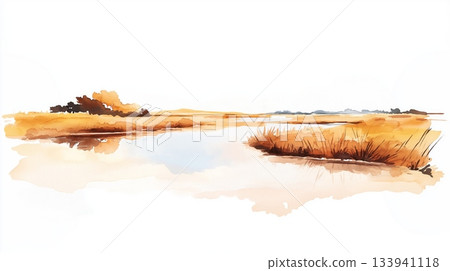 Makgadikgadi Salt Pans. Makgadikgadi Salt Pans hand drawn watercolor illustration on white background 133941118