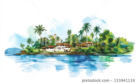 Malabo. Malabo hand drawn watercolor illustration on white background 133941119