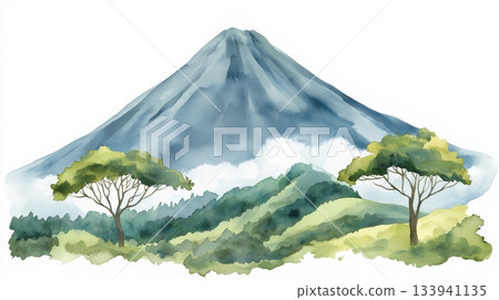 Mount Cameroon. Mount Cameroon hand drawn watercolor illustration on white background 133941135