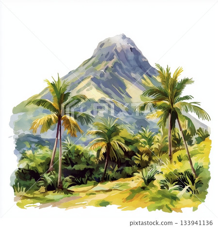 Mount Karthala. Mount Karthala hand drawn watercolor illustration on white background Mount Karthala. Mount Karthala hand drawn watercolor illustration on white background 133941136