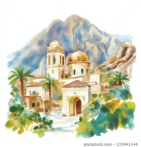 Mount Sinai and St. Catherine Monastery. Mount Sinai and St. Catherines Monastery hand drawn watercolor illustration on white background Mount Sinai and St. Catherine Monastery. Mount Sinai and St. Catherines Monastery hand drawn watercolor illustration on white background 133941144