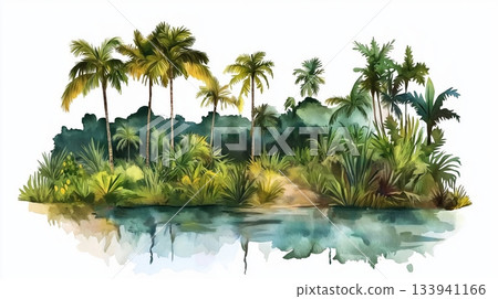 Odzala-Kokoua National Park. Odzala-Kokoua National Park hand drawn watercolor illustration on white background Odzala-Kokoua National Park. Odzala-Kokoua National Park hand drawn watercolor illustration on white background 133941166