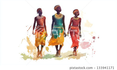 Omo Valley Tribes. Omo Valley Tribes hand drawn watercolor illustration on white background 133941171