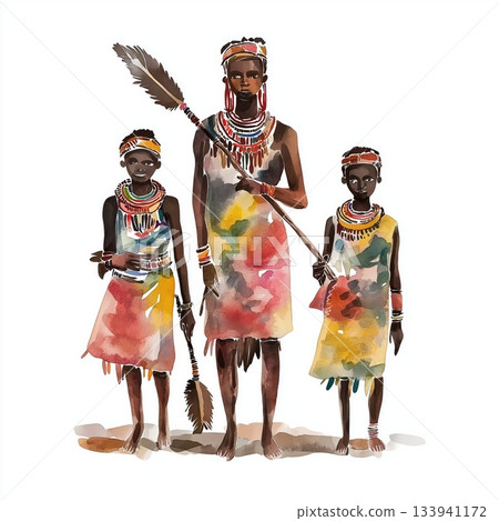 Omo Valley Tribes. Omo Valley Tribes hand drawn watercolor illustration on white background 133941172