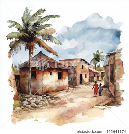 Ouidah. Ouidah hand drawn watercolor illustration on white background 133941174