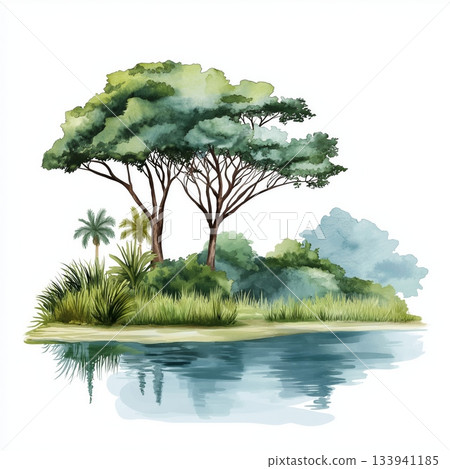 Pongara National Park. Pongara National Park hand drawn watercolor illustration on white background Pongara National Park. Pongara National Park hand drawn watercolor illustration on white background 133941185