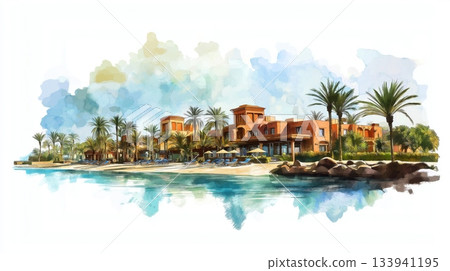 Red Sea Resorts Hurghada. Red Sea Resorts Hurghada hand drawn watercolor illustration on white background Red Sea Resorts Hurghada. Red Sea Resorts Hurghada hand drawn watercolor illustration on white background 133941195
