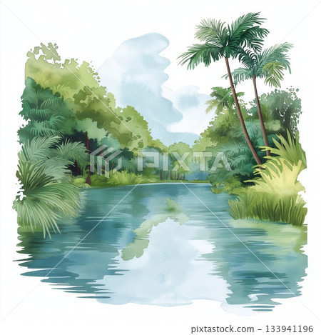 River Gambia National Park. River Gambia National Park hand drawn watercolor illustration on white background 133941196