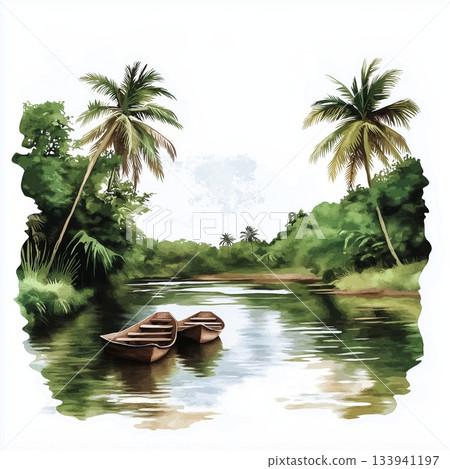 River Gambia National Park. River Gambia National Park hand drawn watercolor illustration on white background 133941197
