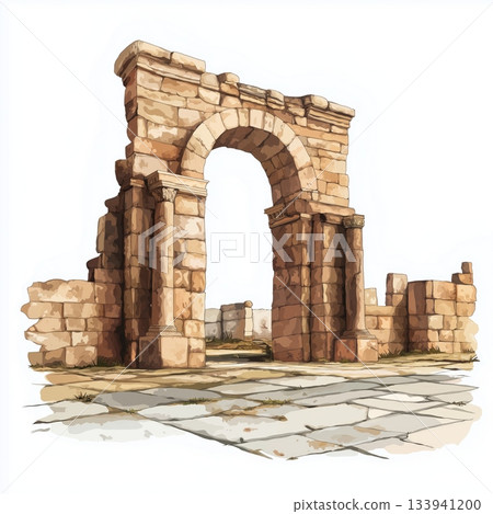 Roman ruins of Timgad. Roman ruins of Timgad hand drawn watercolor illustration on white background 133941200