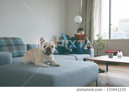 狗狗和女人在沙發上放鬆 133941235