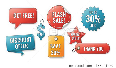 Colorful promotional labels featuring various sales messages such as discount offers, flash sales, and thank you notes, designed to attract attention and enhance marketing campaigns 133941470