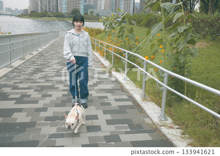 一個女人遛狗 133941621