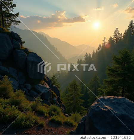 Sunset over a misty mountain valley with towering trees Generative AI 133941622